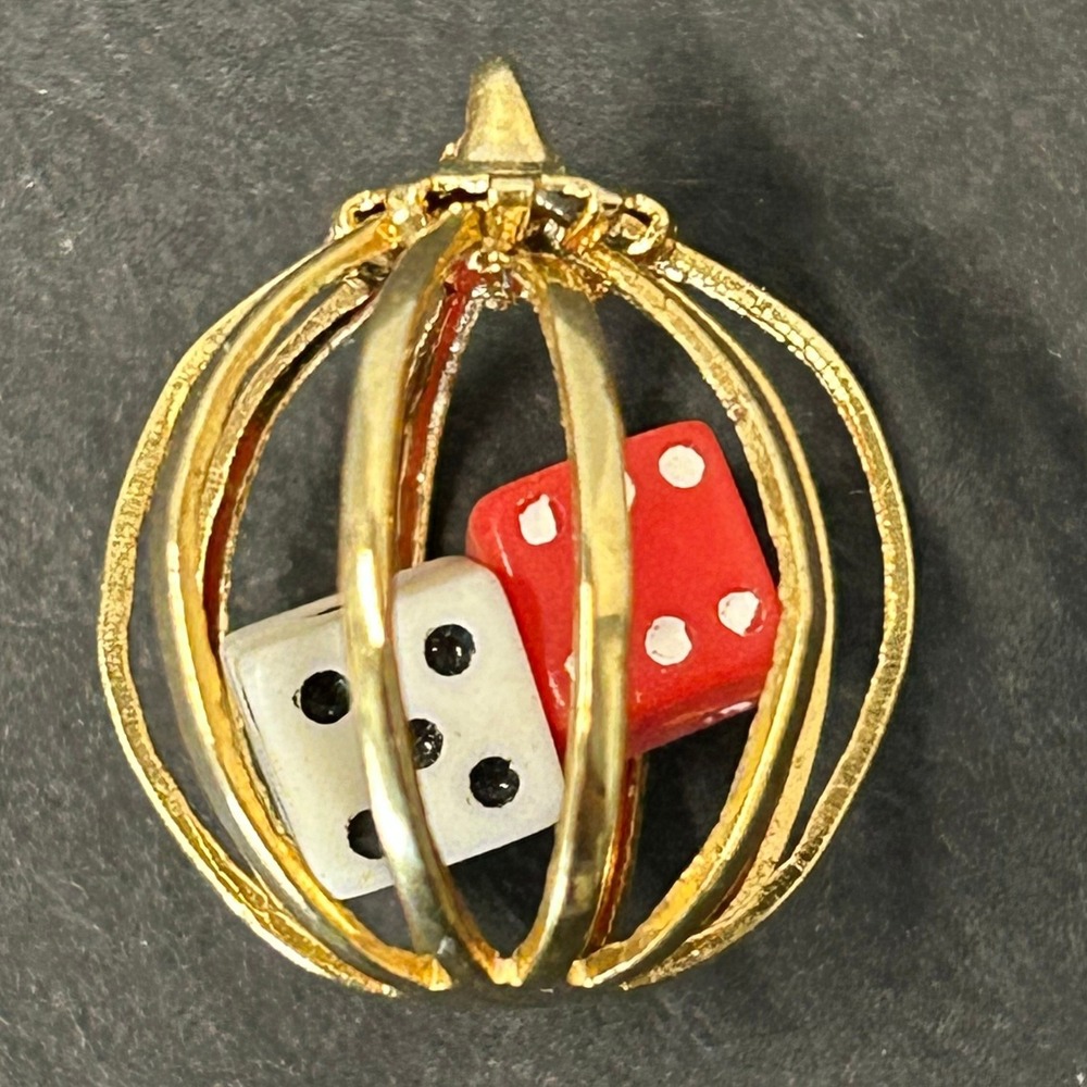 Vintage Dice Cage Pendant Gold Red White Novelty Luck